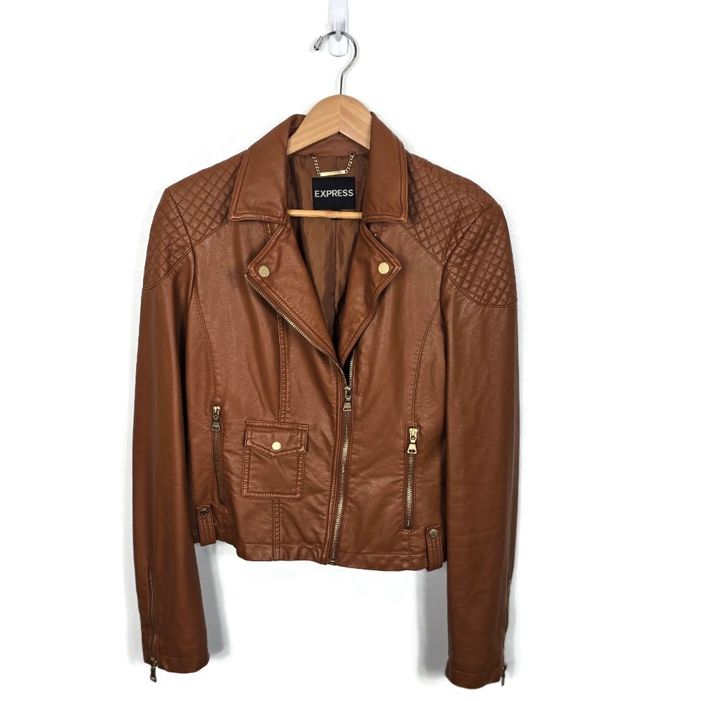Express Faux Leather Moto Jacket Quilted Caramel Brown Gold Zip Medium